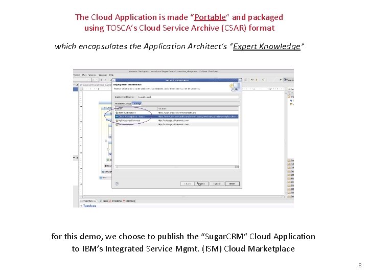 The Cloud Application is made “Portable” and packaged using TOSCA’s Cloud Service Archive (CSAR)