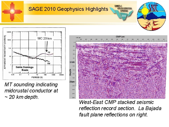 SAGE 2010 Geophysics Highlights Blue is resistive MT sounding indicating midcrustal conductor at ~