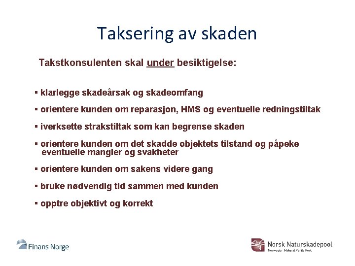 Taksering av skaden Takstkonsulenten skal under besiktigelse: § klarlegge skadeårsak og skadeomfang § orientere