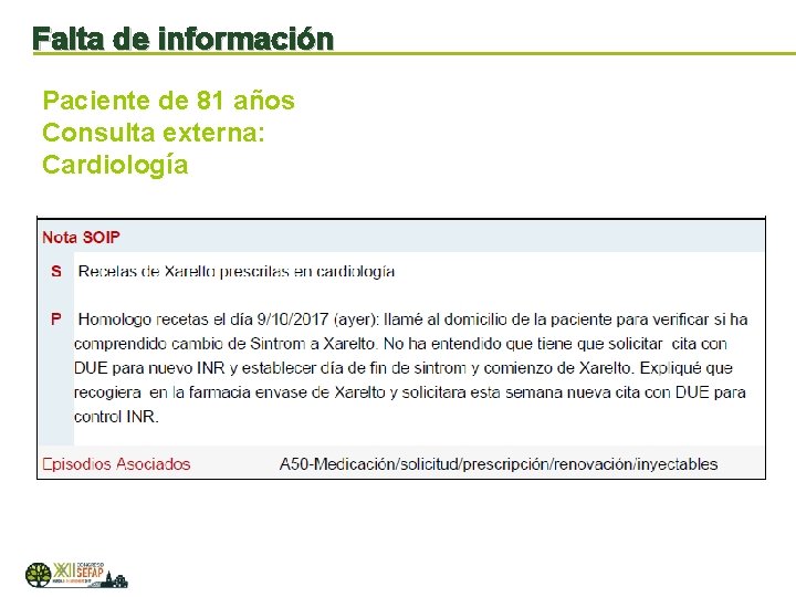 Falta de información Paciente de 81 años Consulta externa: Cardiología 