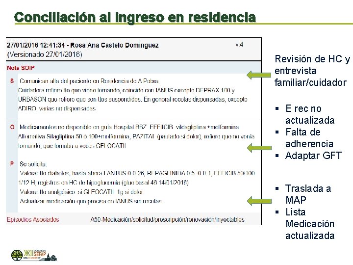 Conciliación al ingreso en residencia Revisión de HC y entrevista familiar/cuidador § E rec