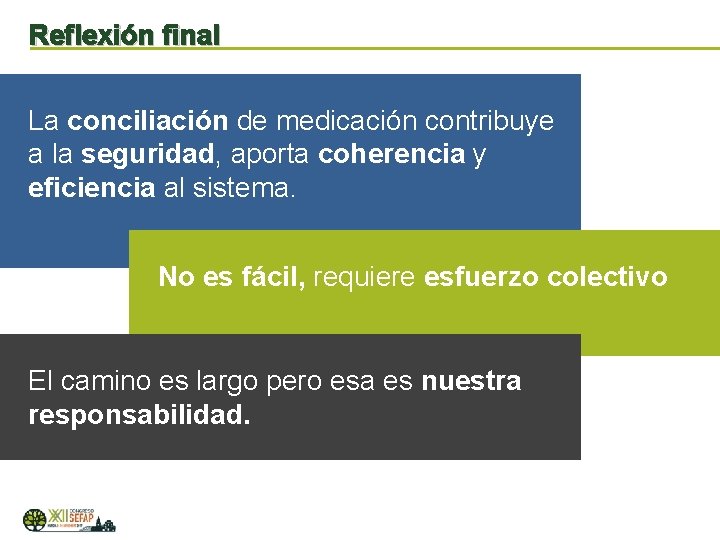 Reflexión final La conciliación de medicación contribuye a la seguridad, aporta coherencia y eficiencia