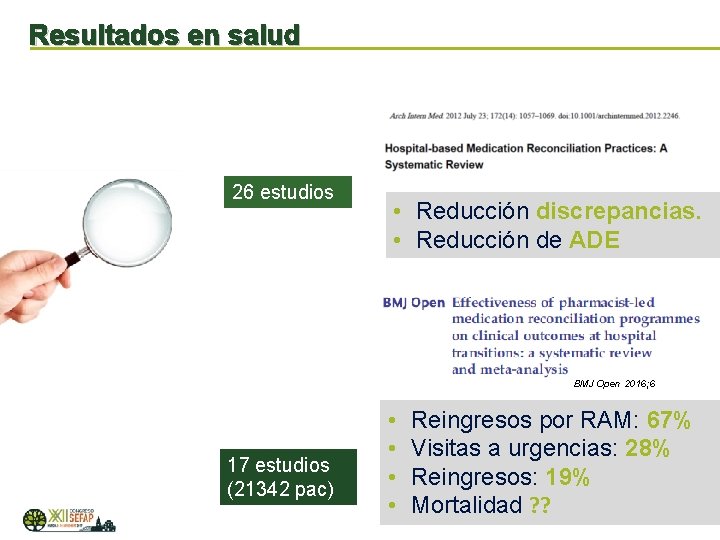 Resultados en salud 26 estudios • Reducción discrepancias. • Reducción de ADE BMJ Open