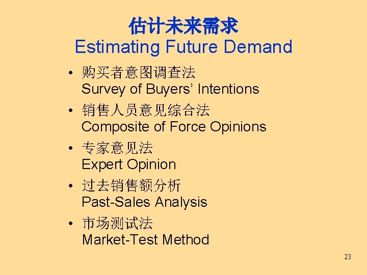 估计未来需求 Estimating Future Demand • 购买者意图调查法 Survey of Buyers’ Intentions • 销售人员意见综合法 Composite of