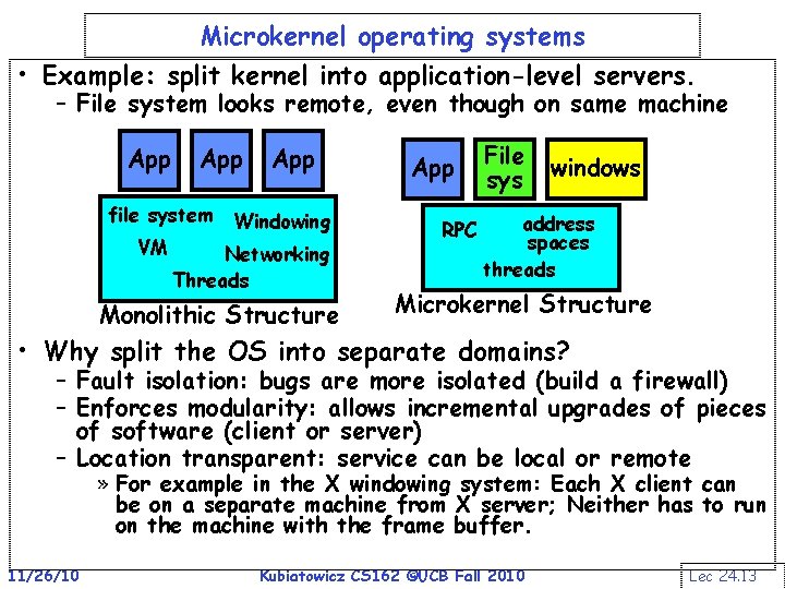 Microkernel operating systems • Example: split kernel into application-level servers. – File system looks