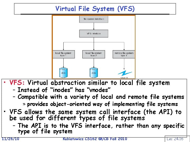 Virtual File System (VFS) • VFS: Virtual abstraction similar to local file system –