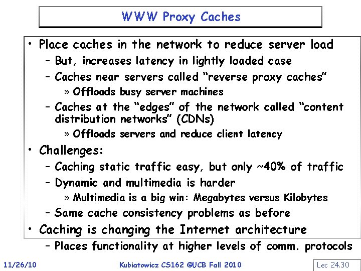 WWW Proxy Caches • Place caches in the network to reduce server load –