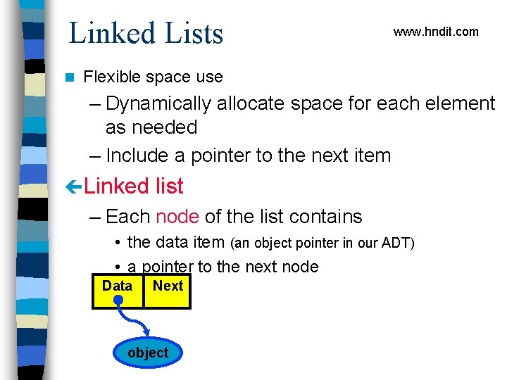 Linked Lists n www. hndit. com Flexible space use – Dynamically allocate space for