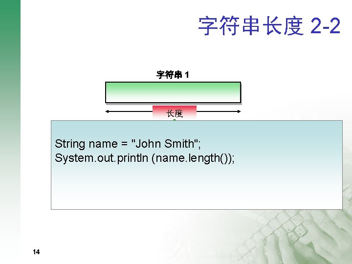 字符串长度 2 -2 字符串 1 长度 Determined by length() method String name = "John