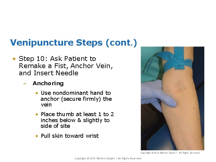 Venipuncture Steps (cont. ) • Step 10: Ask Patient to Remake a Fist, Anchor