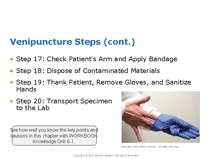 Venipuncture Steps (cont. ) • Step 17: Check Patient’s Arm and Apply Bandage •