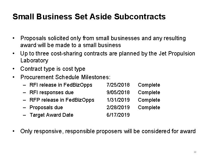 Small Business Set Aside Subcontracts • Proposals solicited only from small businesses and any