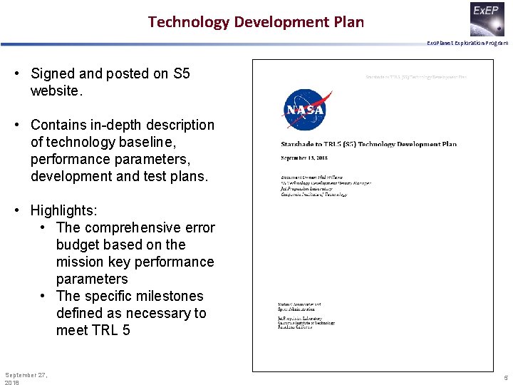 Technology Development Plan Exo. Planet Exploration Program • Signed and posted on S 5