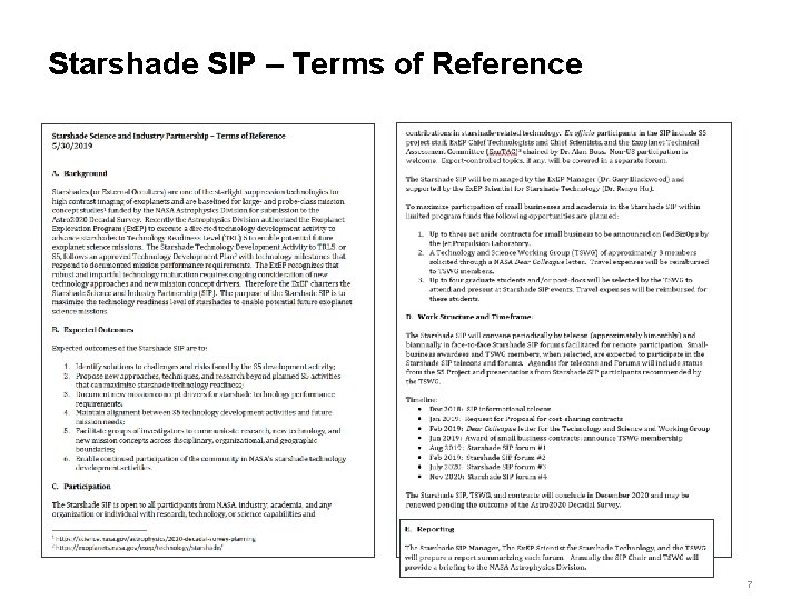 Starshade SIP – Terms of Reference 7 