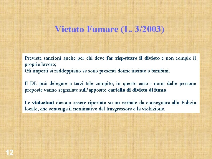 Vietato Fumare (L. 3/2003) Previste sanzioni anche per chi deve far rispettare il divieto