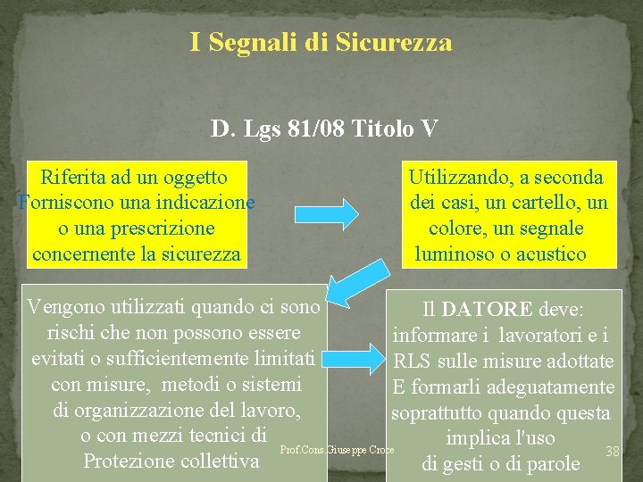 I Segnali di Sicurezza D. Lgs 81/08 Titolo V Riferita ad un oggetto Forniscono