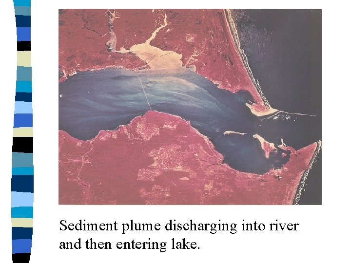 Sediment plume discharging into river and then entering lake. 