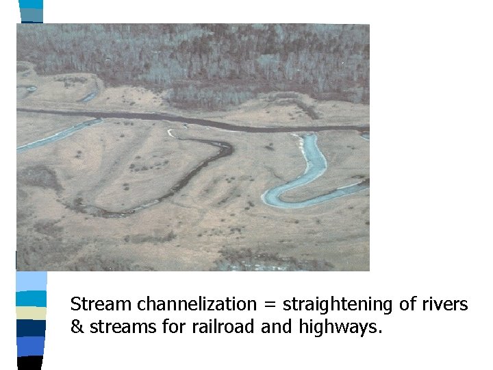 Stream channelization = straightening of rivers & streams for railroad and highways. 
