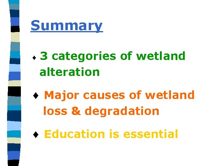 Summary ¨ 3 categories of wetland alteration ¨ Major causes of wetland loss &