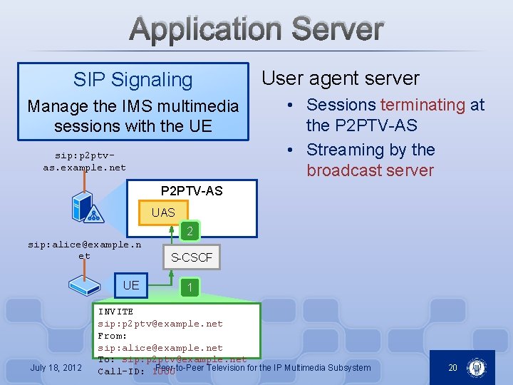Application Server SIP Signaling Manage the IMS multimedia sessions with the UE sip: p