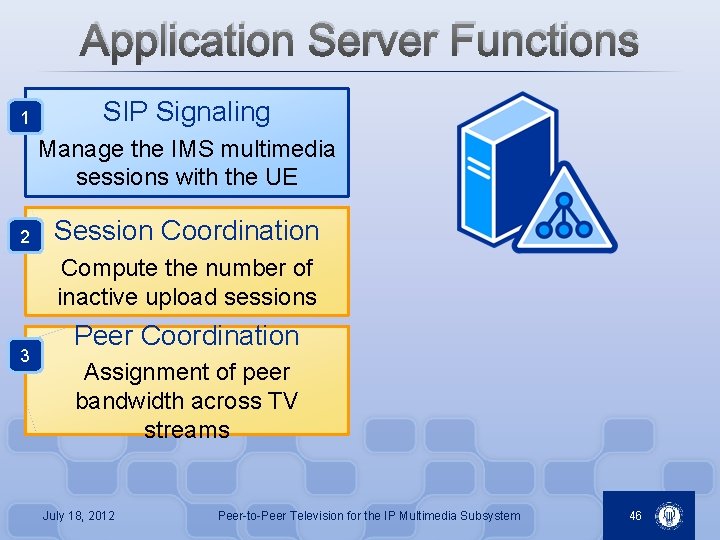 Application Server Functions 1 SIP Signaling Manage the IMS multimedia sessions with the UE