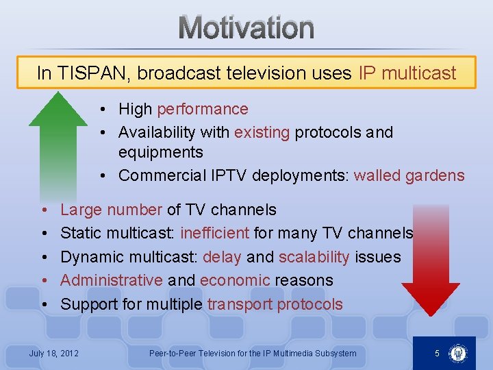 Motivation In TISPAN, broadcast television uses IP multicast • High performance • Availability with