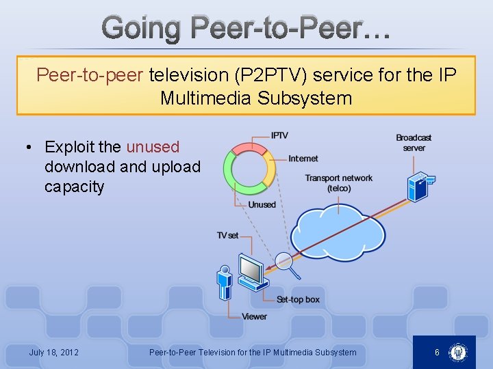 Going Peer-to-Peer… Peer-to-peer television (P 2 PTV) service for the IP Multimedia Subsystem •