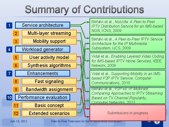 Summary of Contributions Service architecture 1 2 Multi-layer streaming 3 Mobility support Workload generator