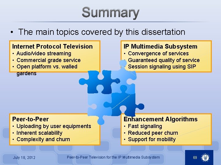 Summary • The main topics covered by this dissertation Internet Protocol Television IP Multimedia