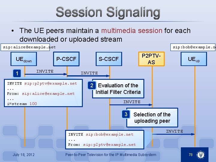 Session Signaling • The UE peers maintain a multimedia session for each downloaded or