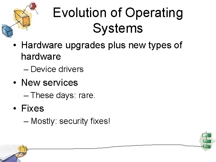 Evolution of Operating Systems • Hardware upgrades plus new types of hardware – Device
