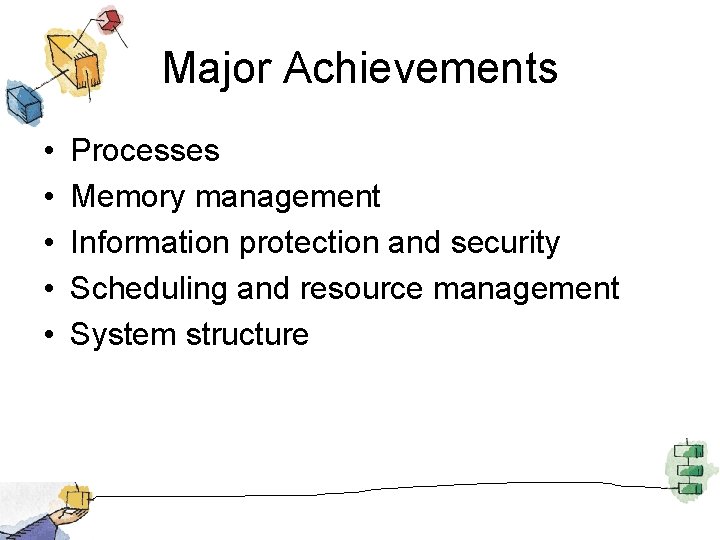 Major Achievements • • • Processes Memory management Information protection and security Scheduling and