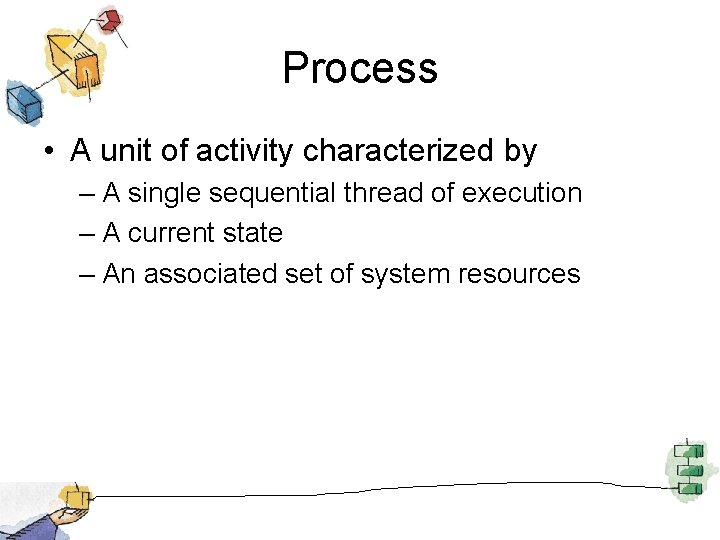 Process • A unit of activity characterized by – A single sequential thread of