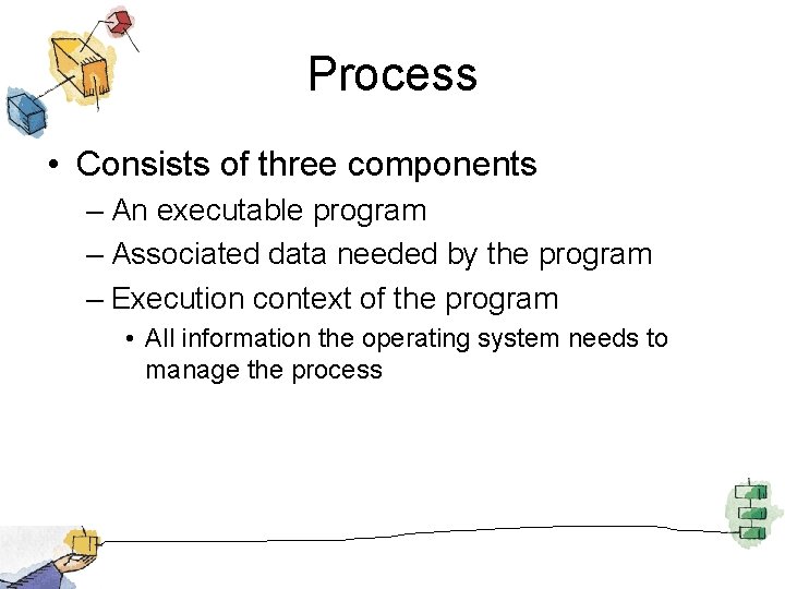 Process • Consists of three components – An executable program – Associated data needed