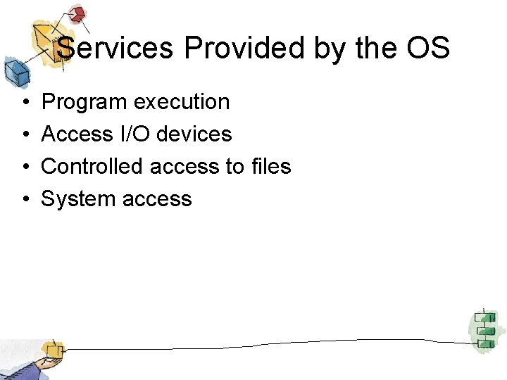 Services Provided by the OS • • Program execution Access I/O devices Controlled access