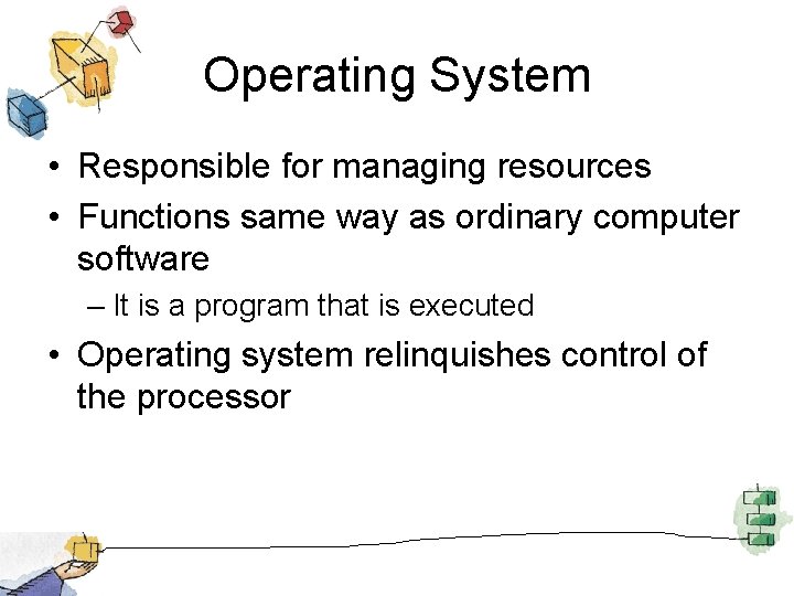 Operating System • Responsible for managing resources • Functions same way as ordinary computer