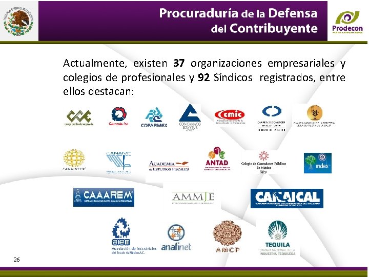 Actualmente, existen 37 organizaciones empresariales y colegios de profesionales y 92 Síndicos registrados, entre