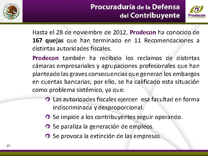 Hasta el 28 de noviembre de 2012, Prodecon ha conocido de 167 quejas que