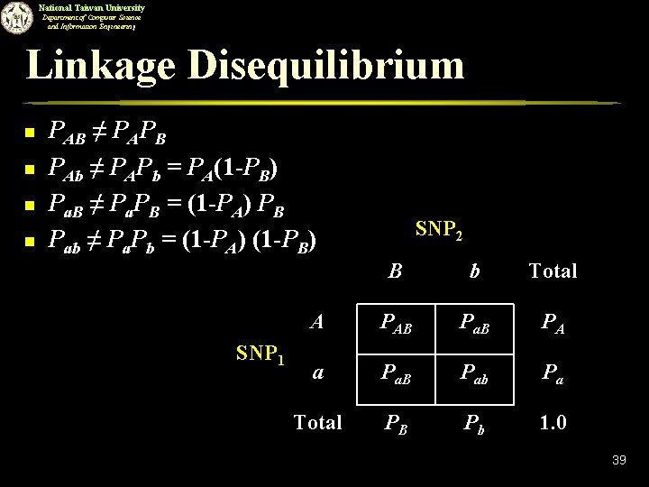 National Taiwan University Department of Computer Science and Information Engineering Linkage Disequilibrium n n