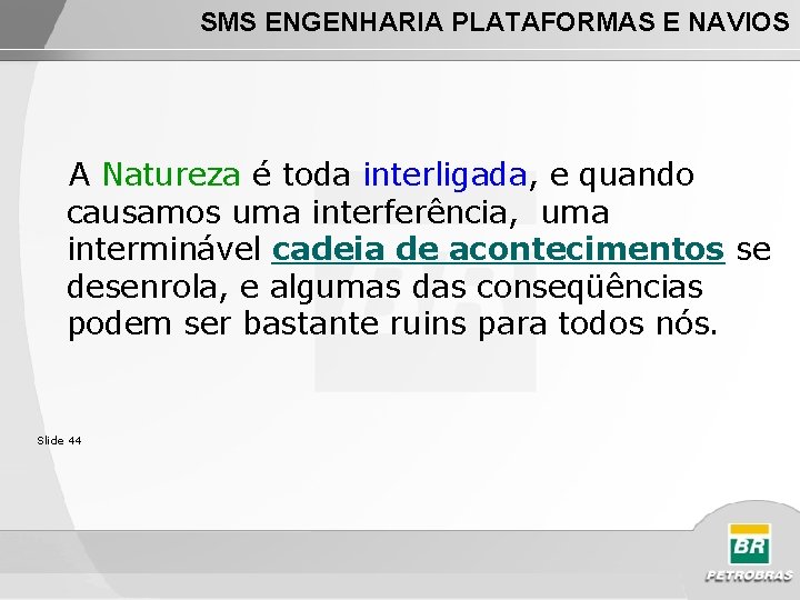 SMS ENGENHARIA PLATAFORMAS E NAVIOS A Natureza é toda interligada, e quando causamos uma