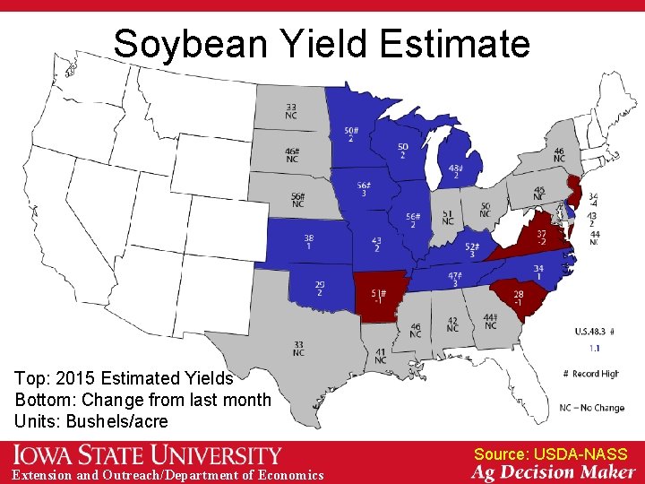 Soybean Yield Estimate Top: 2015 Estimated Yields Bottom: Change from last month Units: Bushels/acre