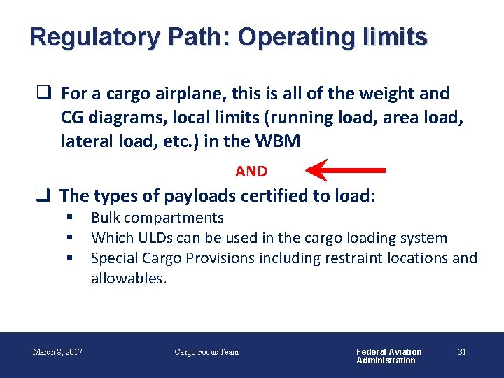 Regulatory Path: Operating limits q For a cargo airplane, this is all of the