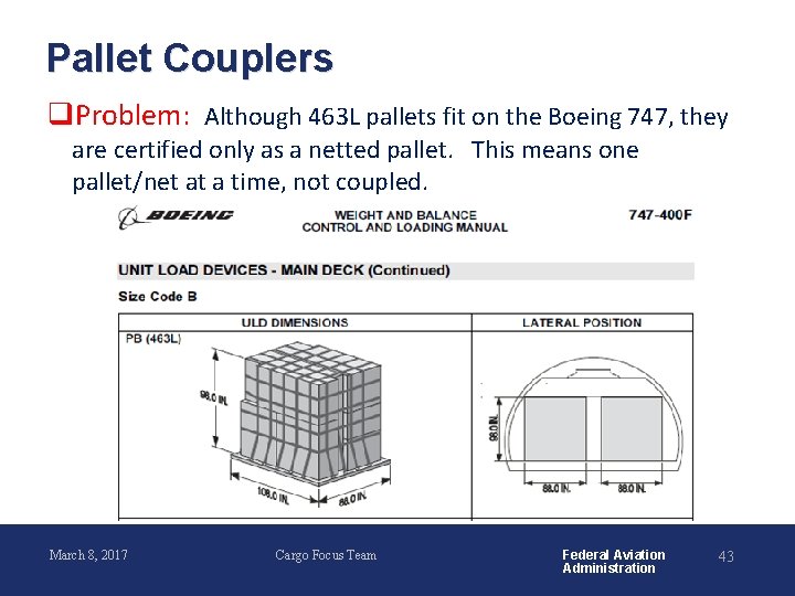 Pallet Couplers q. Problem: Although 463 L pallets fit on the Boeing 747, they