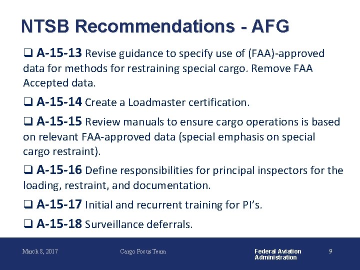 NTSB Recommendations - AFG q A-15 -13 Revise guidance to specify use of (FAA)-approved