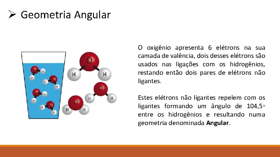 Ø Geometria Angular O oxigênio apresenta 6 elétrons na sua camada de valência, dois