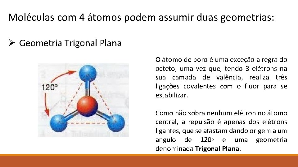 Moléculas com 4 átomos podem assumir duas geometrias: Ø Geometria Trigonal Plana O átomo
