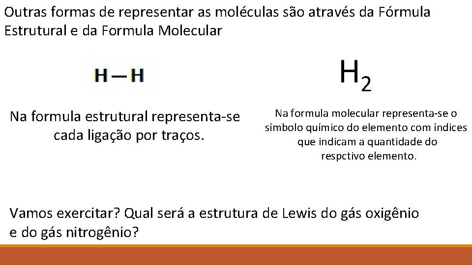 Outras formas de representar as moléculas são através da Fórmula Estrutural e da Formula