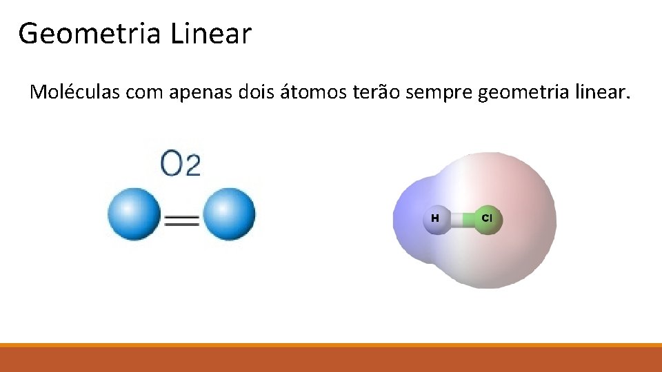 Geometria Linear Moléculas com apenas dois átomos terão sempre geometria linear. 
