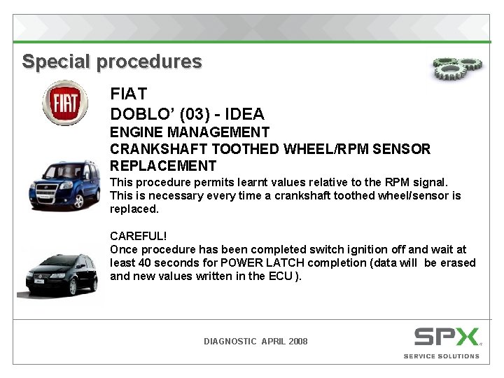 Special procedures FIAT DOBLO’ (03) - IDEA ENGINE MANAGEMENT CRANKSHAFT TOOTHED WHEEL/RPM SENSOR REPLACEMENT