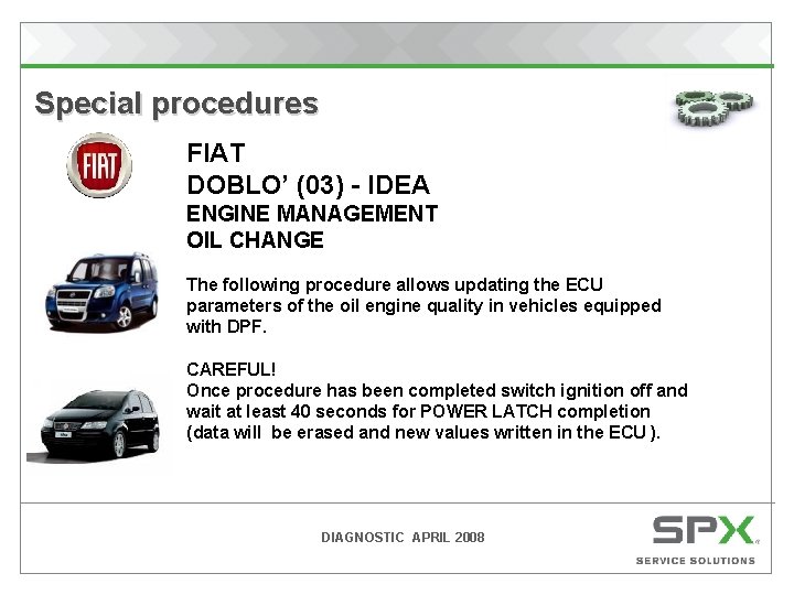 Special procedures FIAT DOBLO’ (03) - IDEA ENGINE MANAGEMENT OIL CHANGE The following procedure